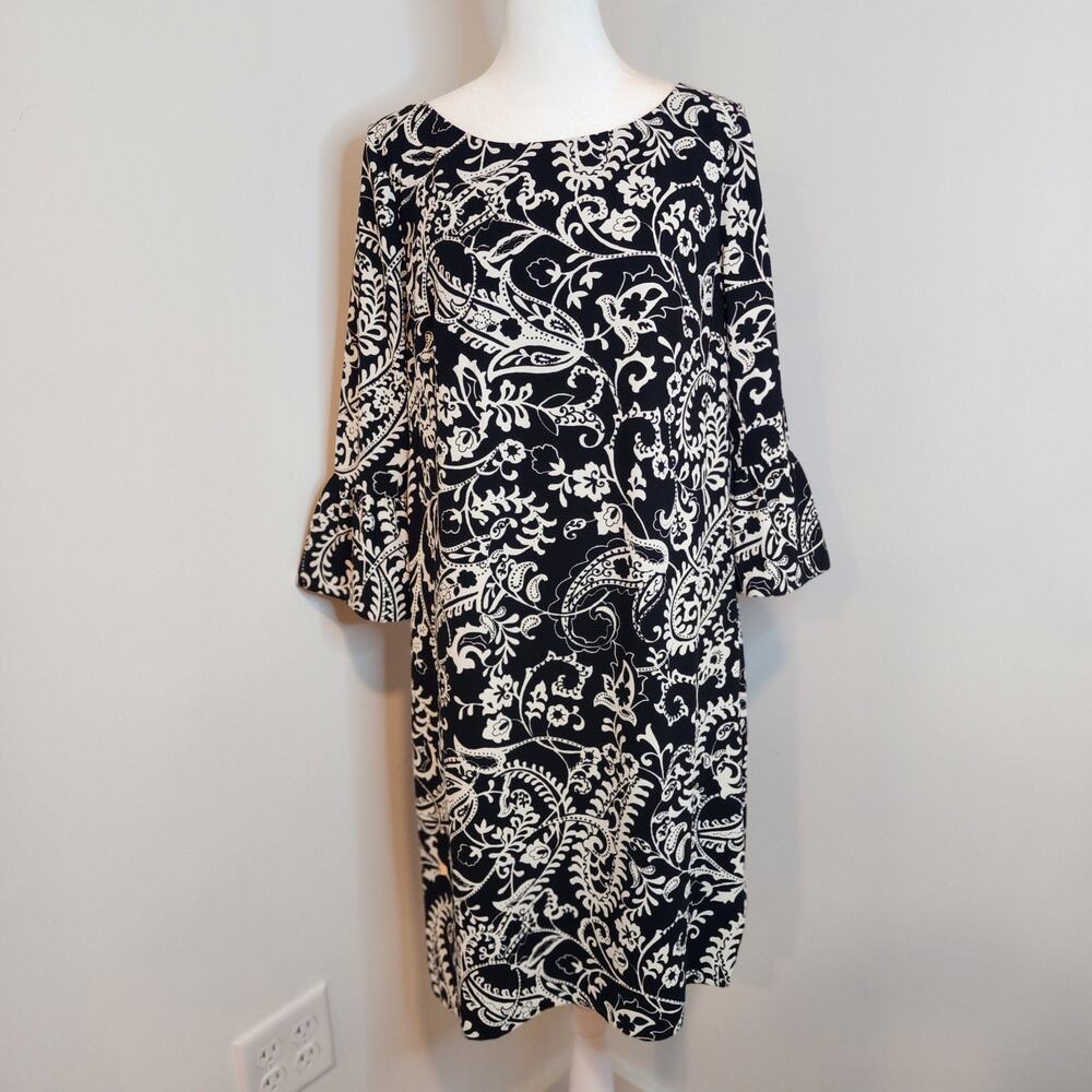 TalbotsWomens 8 Black and White Paisley Print 3/4 Bell Sleeve Dress Midi